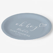 Oh Boy Cute Heart Dusty Blue Baby Shower ペーパープレート (アングル)