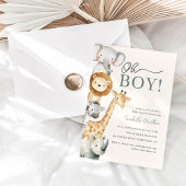 Oh Boy Cute Safari Animal Greenery Boy Baby Shower 招待状