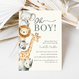 Oh Boy Cute Safari Animal Greenery Boy Baby Shower 招待状