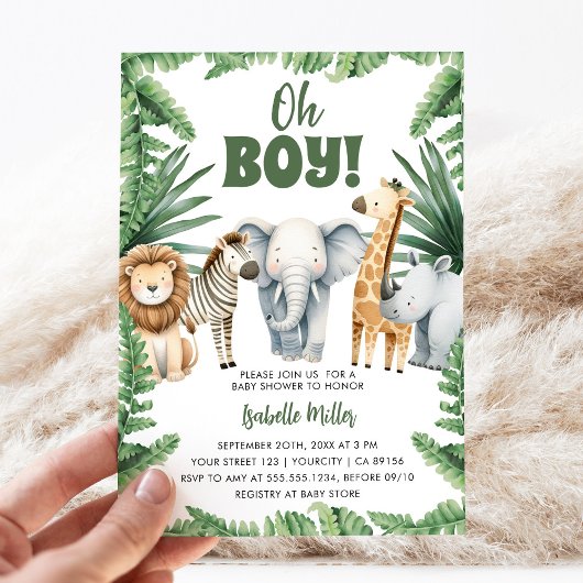 Oh Boy Cute Safari Animal Greenery Boy Baby Shower 招待状