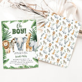 Oh Boy Cute Safari Animal Greenery Boy Baby Shower 招待状