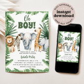 Oh Boy Cute Safari Animal Greenery Boy Baby Shower 招待状