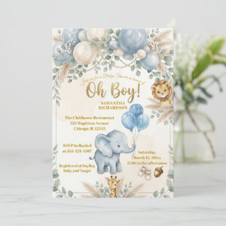 Oh boy cute Safari animal greenery boy baby shower 招待状