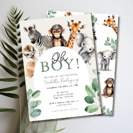 Oh Boy Cute Safari Animals緑の赤ちゃんシャワー 招待状