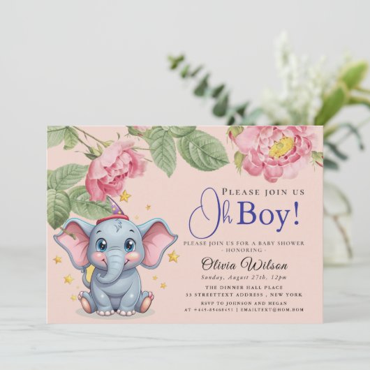 Oh Boy Elephant Baby Shower Invitation 招待状 (スタンド正面)