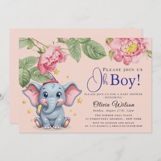 Oh Boy Elephant Baby Shower Invitation 招待状 (正面/裏面)