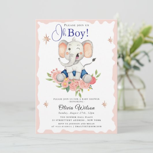 Oh Boy Elephant Baby Shower Invitation 招待状 (スタンド正面)