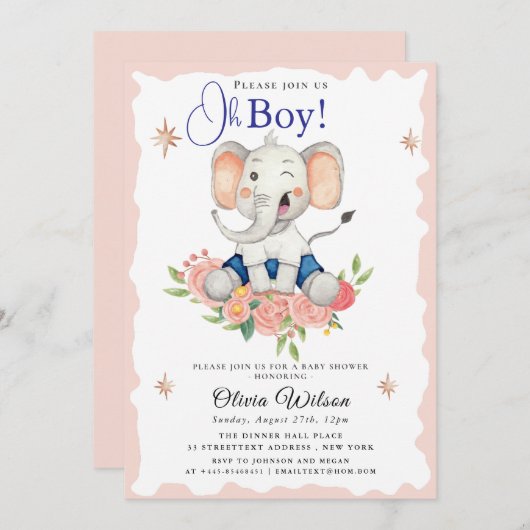 Oh Boy Elephant Baby Shower Invitation 招待状 (正面/裏面)