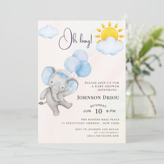 Oh Boy Elephant Baby Shower Invitation 招待状 (スタンド正面)