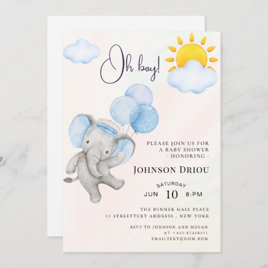 Oh Boy Elephant Baby Shower Invitation 招待状 (正面/裏面)
