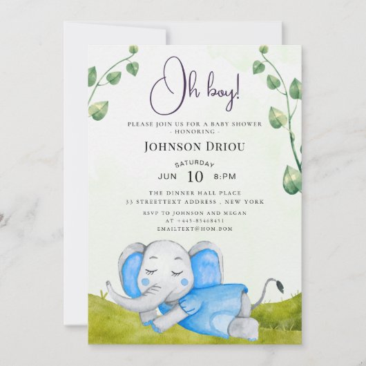 Oh Boy Elephant Baby Shower Invitation 招待状 (正面)