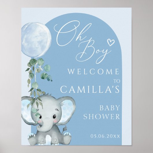 Oh Boy Elephant Boy Balloon Baby Shower Welcome ポスター (正面)