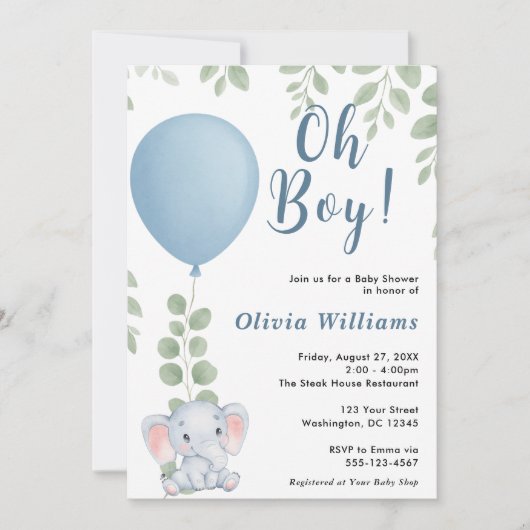 Oh Boy Elephant Eucalyptus Balloon Baby Shower   招待状 (正面)