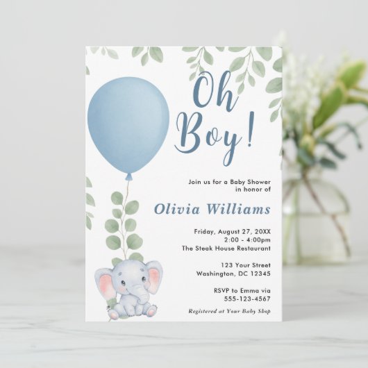 Oh Boy Elephant Eucalyptus Balloon Baby Shower   招待状 (スタンド正面)