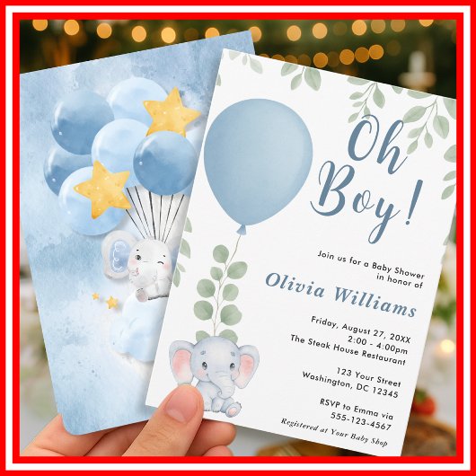 Oh Boy Elephant Eucalyptus Balloon Baby Shower   招待状