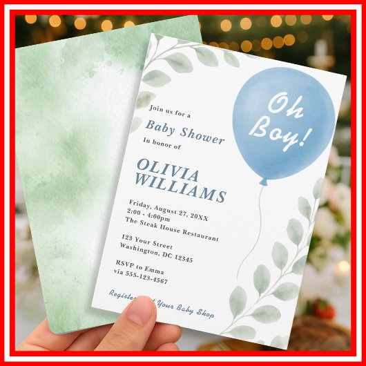 Oh Boy Eucalyptus Balloon Greenery Baby Shower 招待状