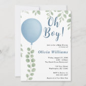 Oh Boy Eucalyptus Blue Balloon Baby Shower 招待状 (正面)
