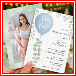 Oh Boy Eucalyptus Greenery PHOTO Baby Shower 招待状