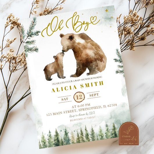 Oh Boy Forest Bear baby shower invitation 招待状