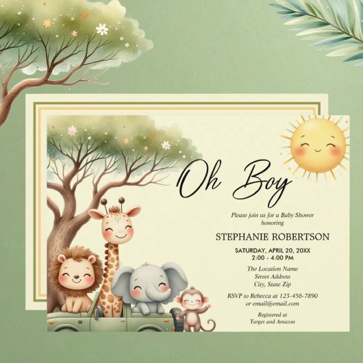 Oh boy fun safari animal boy baby shower 招待状