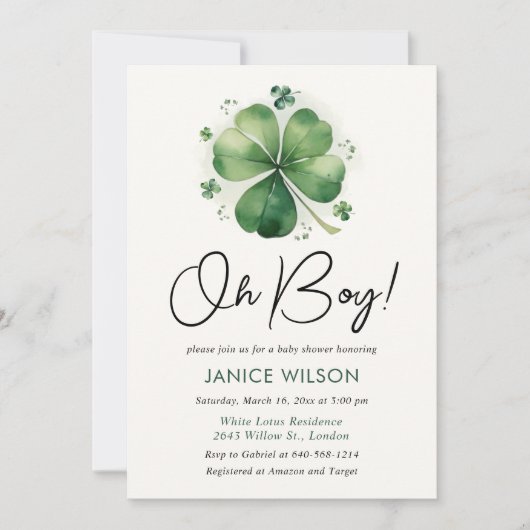 Oh Boy Green Shamrock St. Patricks Day Baby Shower 招待状 (正面)
