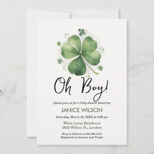 Oh Boy Green Shamrock St. Patricks Day Baby Shower 招待状 (正面)