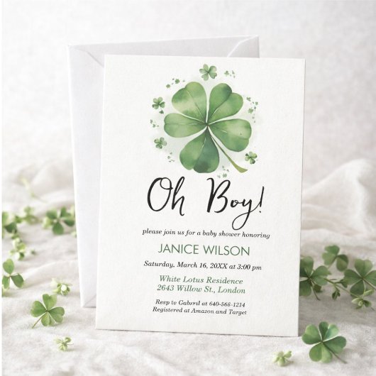 Oh Boy Green Shamrock St. Patricks Day Baby Shower 招待状