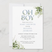 Oh Boy Greenery Dusty Blue All In One Baby Shower 招待状 (正面)