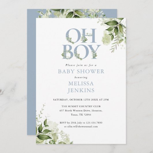 Oh Boy Greenery Dusty Blue All In One Baby Shower 招待状 (正面/裏面)
