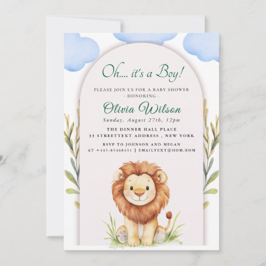 “Oh Boy!” Greenery Lion Baby Shower 招待状 (正面)