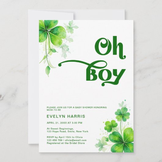 Oh Boy Greenery St. Patrick's Day Baby Shower 招待状 (正面)