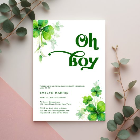 Oh Boy Greenery St. Patrick's Day Baby Shower 招待状