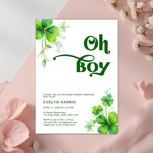 Oh Boy Greenery St. Patrick's Day Baby Shower 招待状
