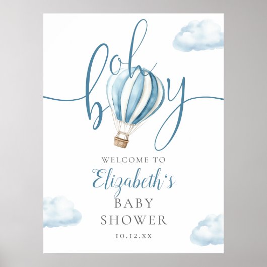Oh Boy Hot Air Balloon Baby Shower Welcome Sign ポスター (正面)