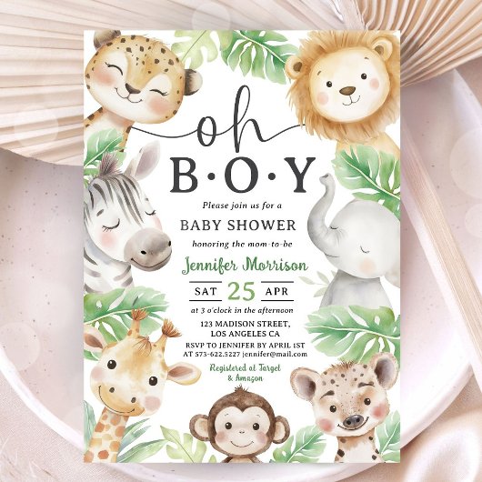 Oh Boy Jungle Baby Shower Safari Animal Invitation 招待状