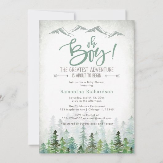 Oh Boy Let's Adventure Begin Forest Baby Shower 招待状 (正面)