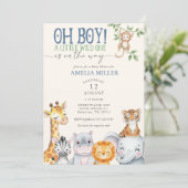 Oh Boy Little Wild One Safari Animals Baby Shower 招待状 (スタンド正面)