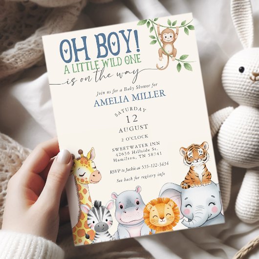 Oh Boy Little Wild One Safari Animals Baby Shower 招待状