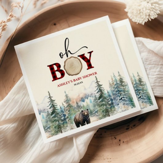 Oh Boy Lumberjack Woodland Forest Bear Baby Shower スタンダードランチョンナプキン