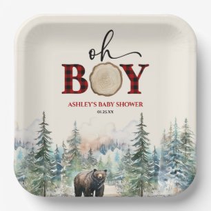 Oh Boy Lumberjack Woodland Forest Bear Baby Shower ペーパープレート
