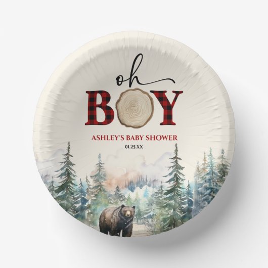 Oh Boy Lumberjack Woodland Forest Bear Baby Shower ペーパーボウル (正面)