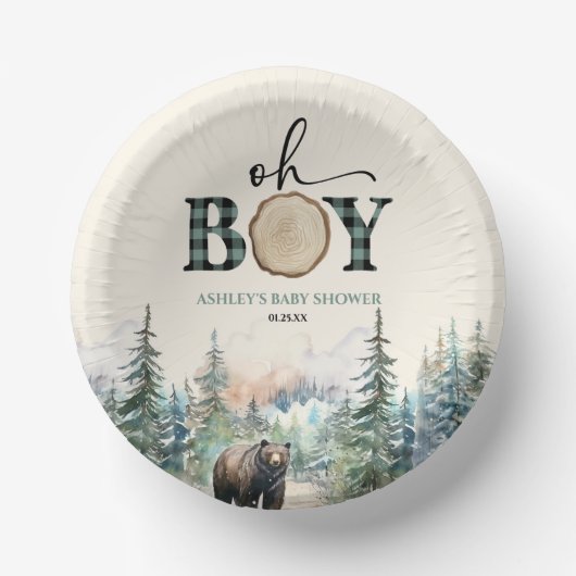 Oh Boy Lumberjack Woodland Forest Bear Baby Shower ペーパーボウル (正面)