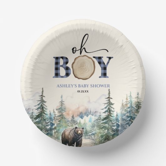 Oh Boy Lumberjack Woodland Forest Bear Baby Shower ペーパーボウル (正面)