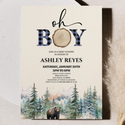 Oh Boy Lumberjack Woodland Forest Bear Baby Shower 招待状