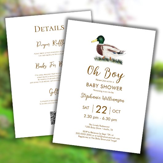 Oh Boy Mallard Duck Baby Shower QRコード 招待状