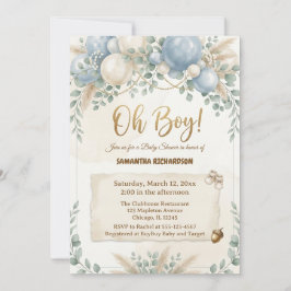 Oh boy modern eucalyptus blue balloons baby shower 招待状