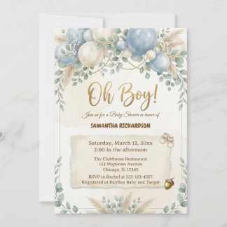 Oh boy modern eucalyptus blue balloons baby shower 招待状