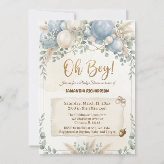 Oh boy modern eucalyptus blue balloons baby shower 招待状 (正面)