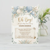 Oh boy modern eucalyptus blue balloons baby shower 招待状 (スタンド正面)