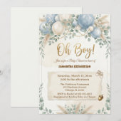 Oh boy modern eucalyptus blue balloons baby shower 招待状 (正面/裏面)